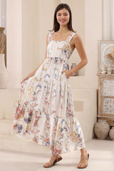 Reo Maxi Dress: Milk Maid Neckline Tiered Dress in Adelia Print