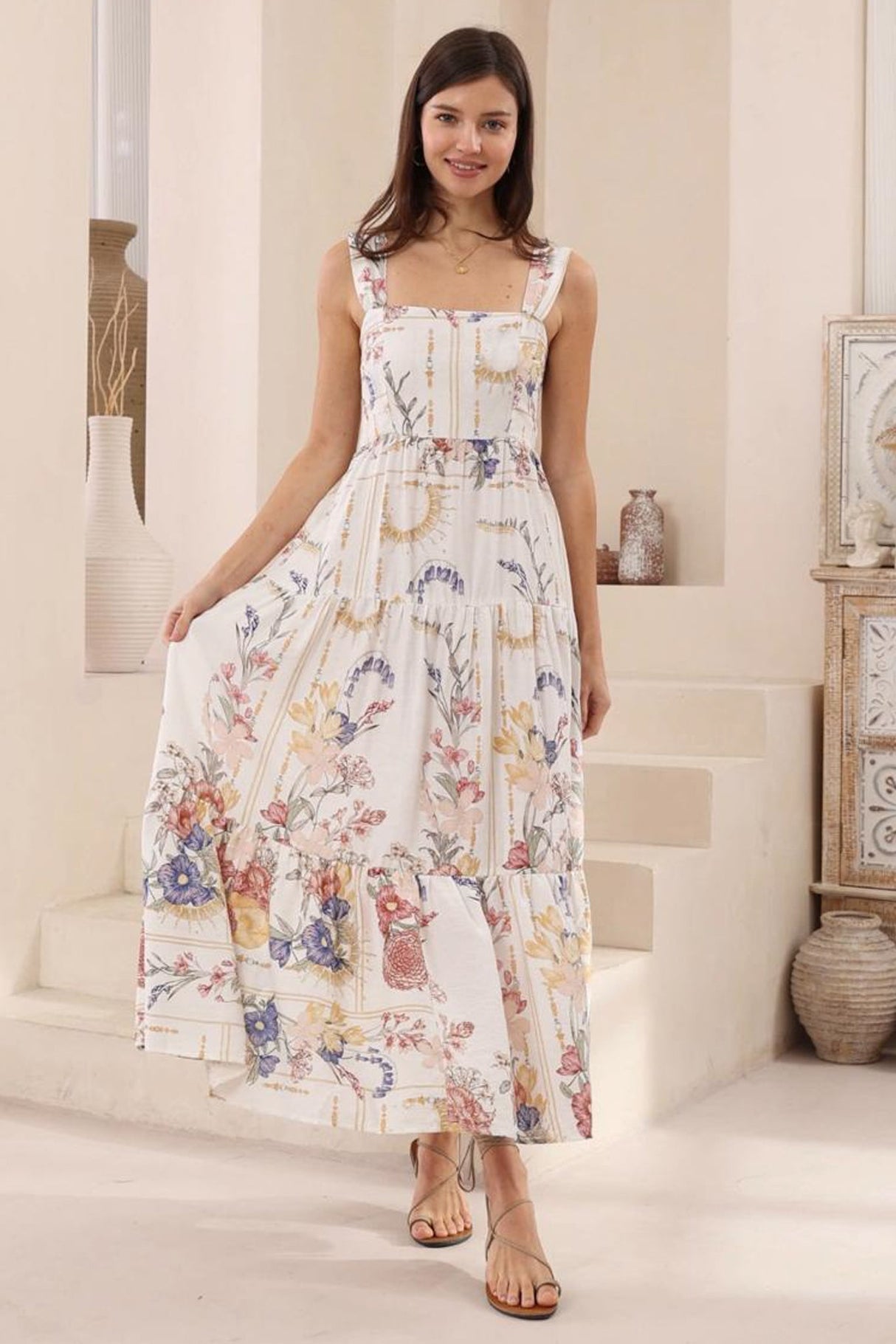 Reo Maxi Dress: Milk Maid Neckline Tiered Dress in Adelia Print