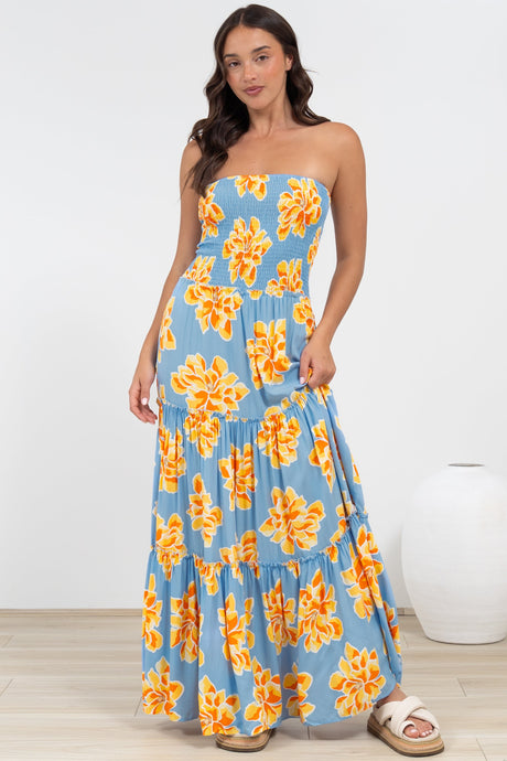 Rhea Maxi Dress - Strapless Ruffle Spliced Tiered Dress in Alba Print Blue