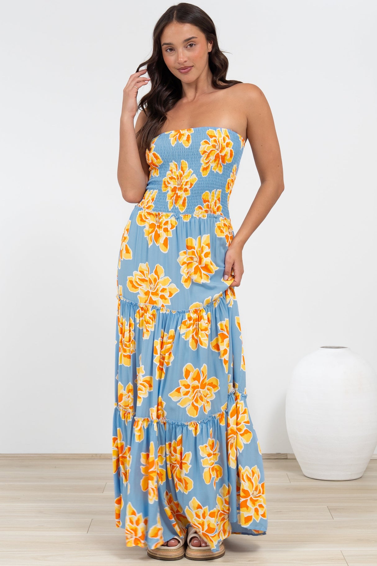 Rhea Maxi Dress - Strapless Ruffle Spliced Tiered Dress in Alba Print Blue