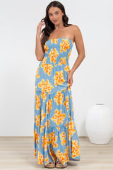 Rhea Maxi Dress - Strapless Ruffle Spliced Tiered Dress in Alba Print Blue
