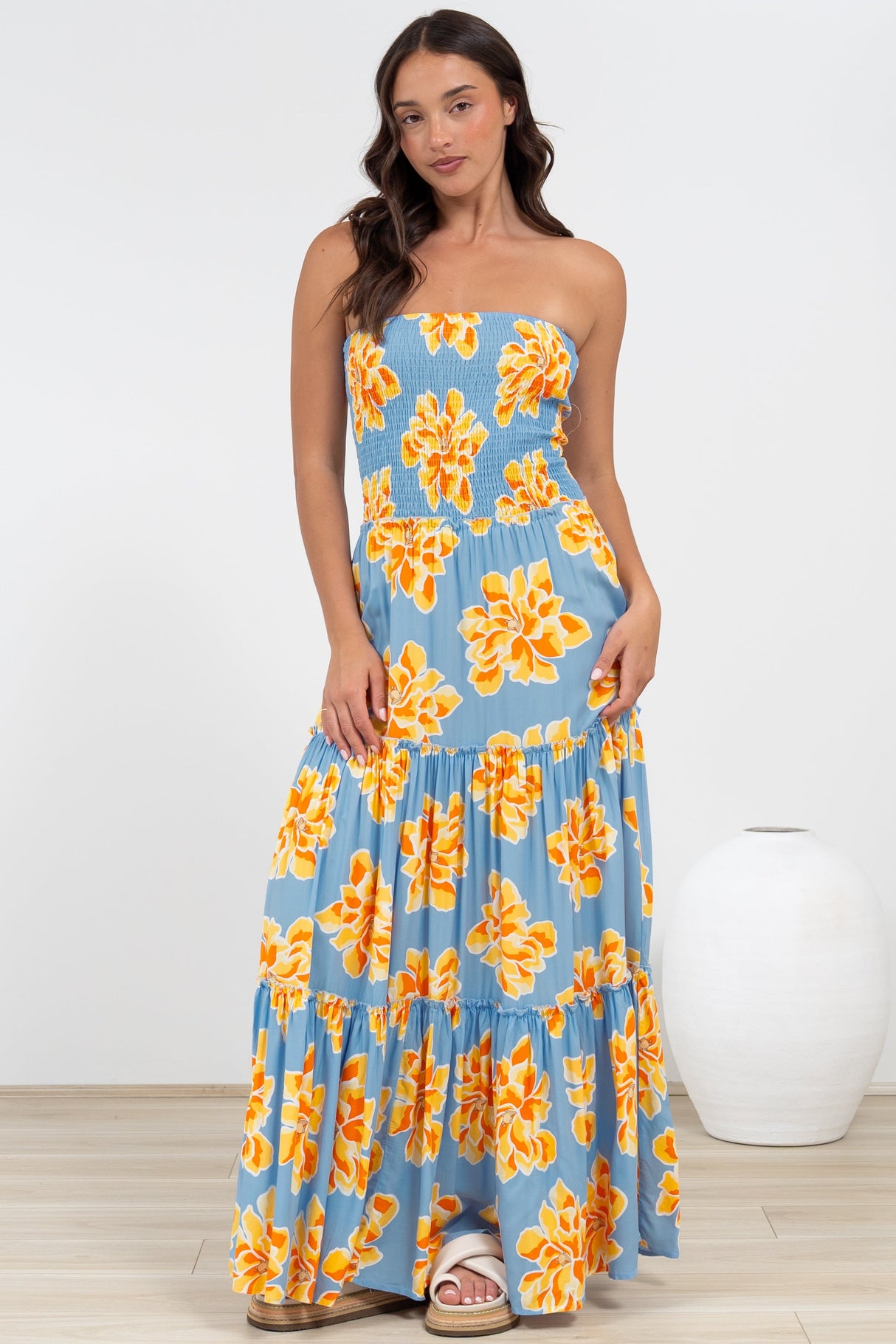 Rhea Maxi Dress - Strapless Ruffle Spliced Tiered Dress in Alba Print Blue