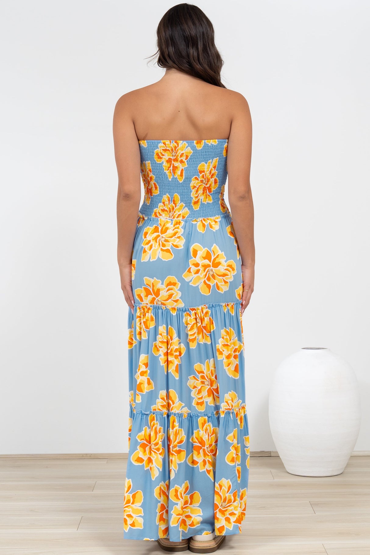Rhea Maxi Dress - Strapless Ruffle Spliced Tiered Dress in Alba Print Blue