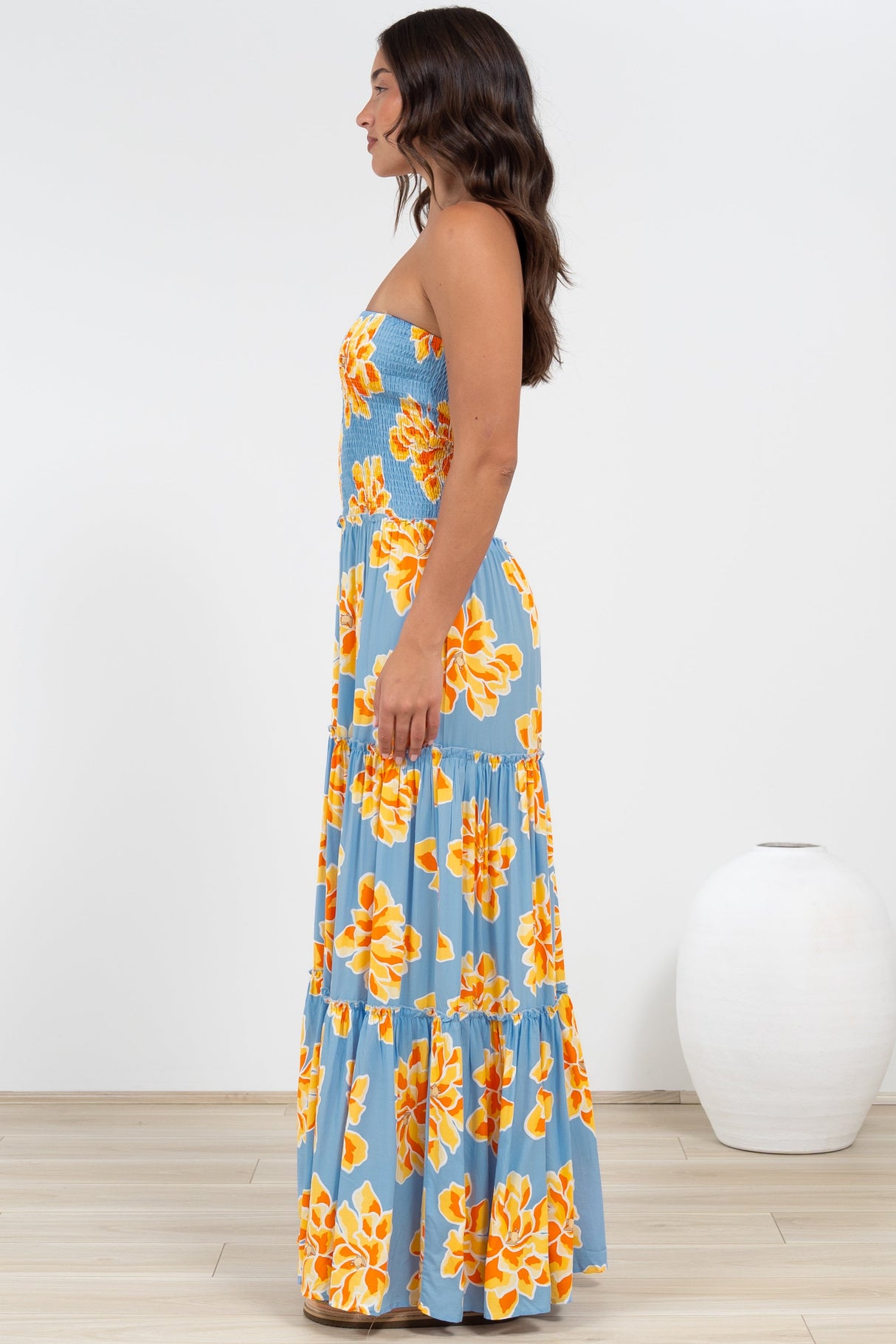 Rhea Maxi Dress - Strapless Ruffle Spliced Tiered Dress in Alba Print Blue