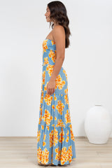 Rhea Maxi Dress - Strapless Ruffle Spliced Tiered Dress in Alba Print Blue
