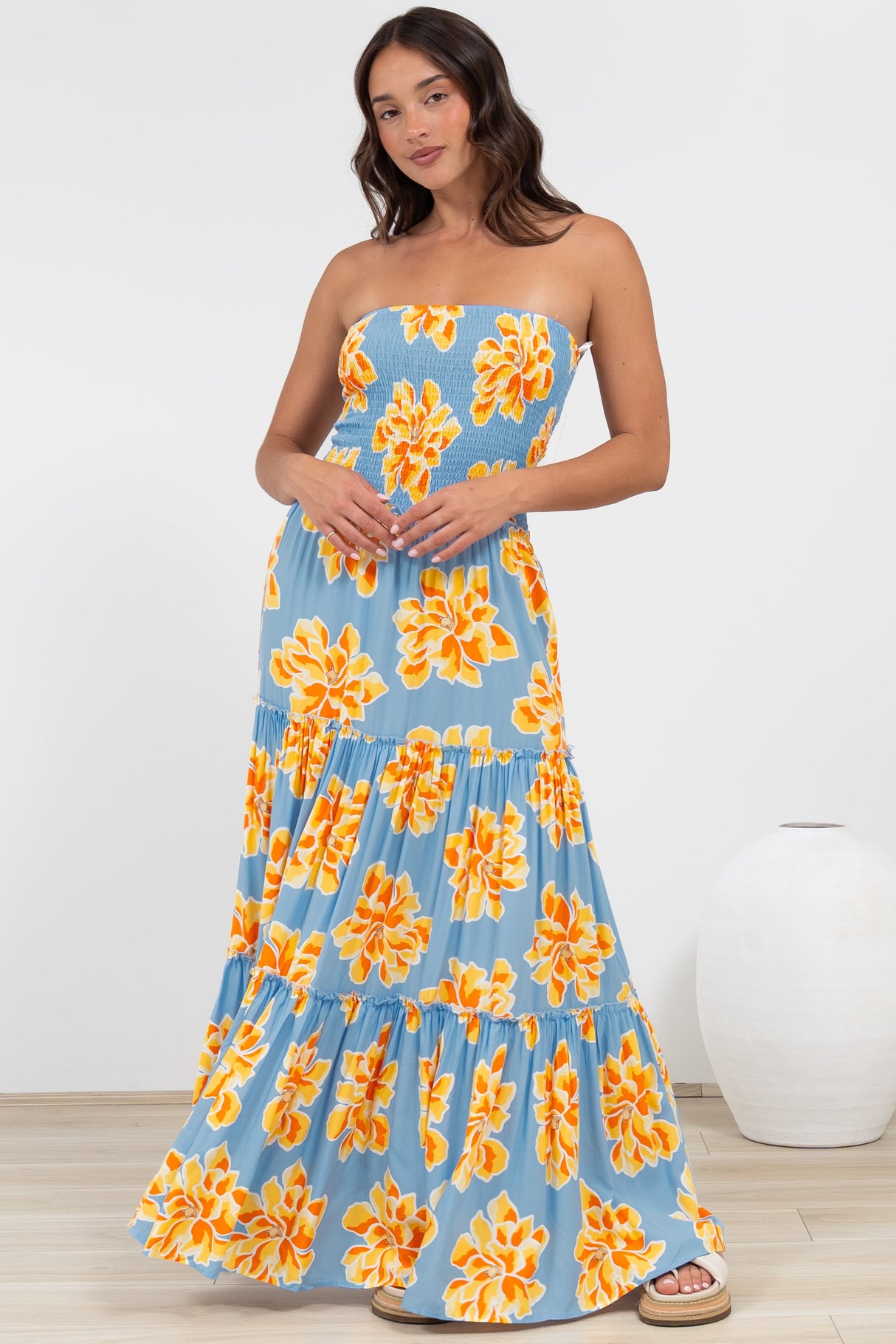 Rhea Maxi Dress - Strapless Ruffle Spliced Tiered Dress in Alba Print Blue