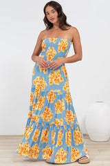 Rhea Maxi Dress - Strapless Ruffle Spliced Tiered Dress in Alba Print Blue