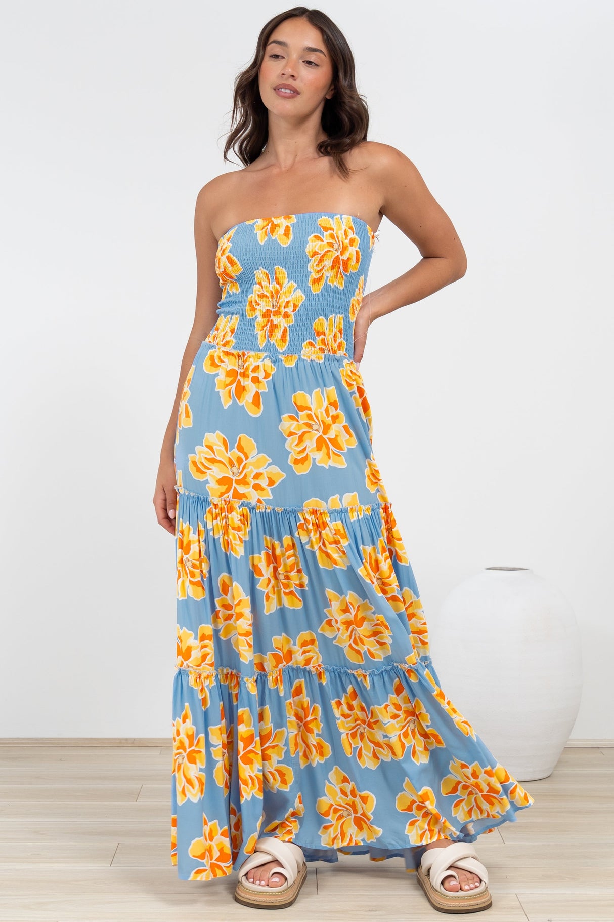 Rhea Maxi Dress - Strapless Ruffle Spliced Tiered Dress in Alba Print Blue