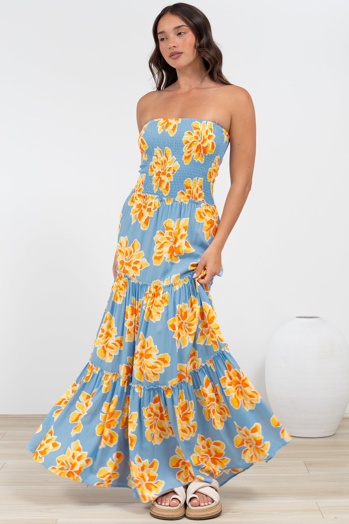 Rhea Maxi Dress - Strapless Ruffle Spliced Tiered Dress in Alba Print Blue