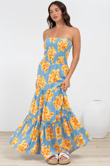 Rhea Maxi Dress - Strapless Ruffle Spliced Tiered Dress in Alba Print Blue