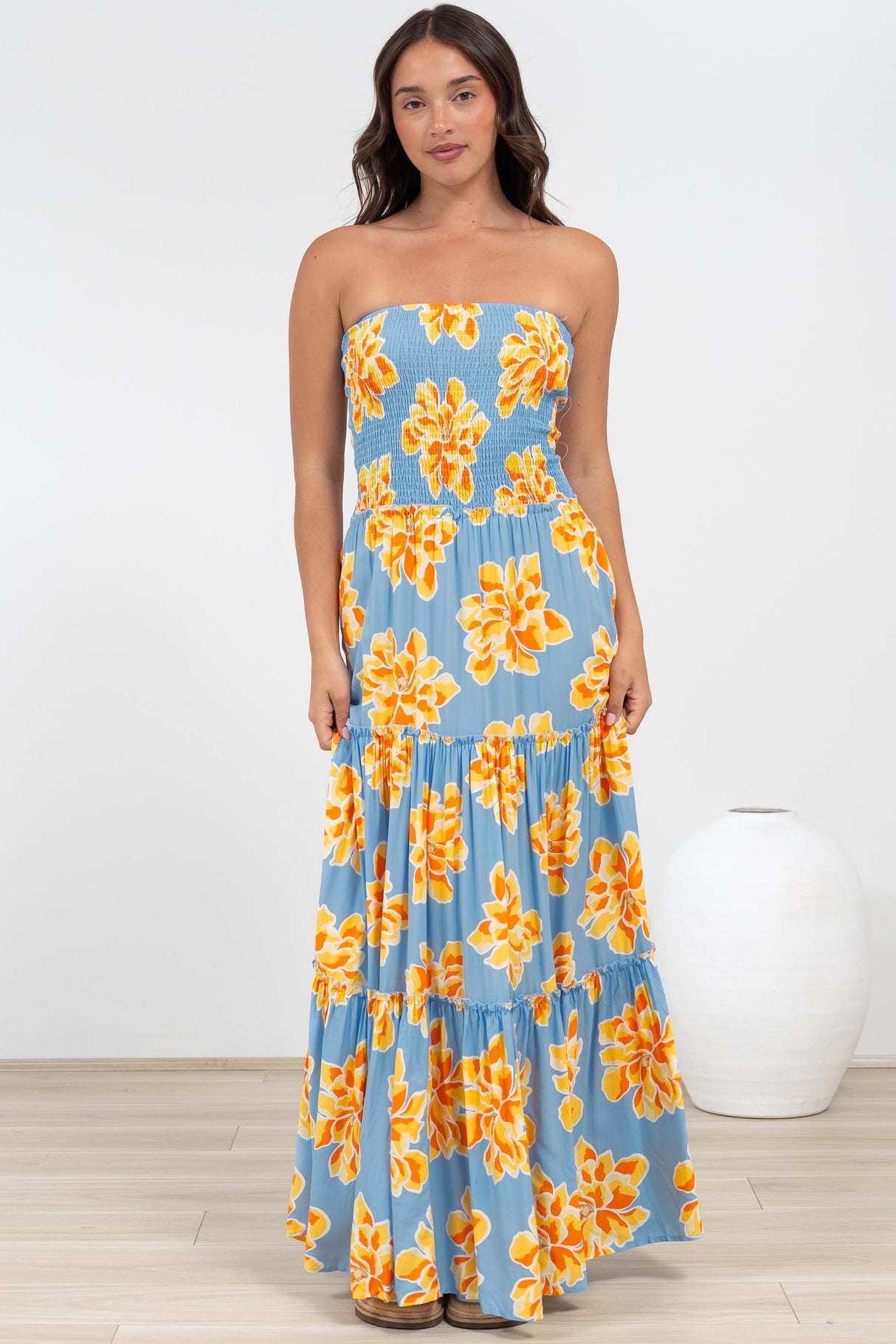 Rhea Maxi Dress - Strapless Ruffle Spliced Tiered Dress in Alba Print Blue