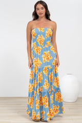 Rhea Maxi Dress - Strapless Ruffle Spliced Tiered Dress in Alba Print Blue