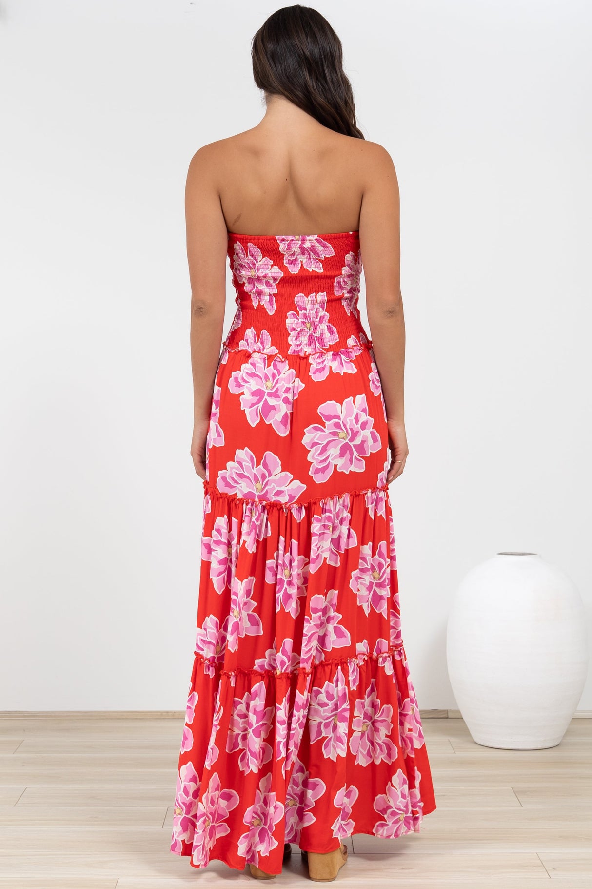 Rhea Maxi Dress - Strapless Ruffle Spliced Tiered Dress in Alba Print Red