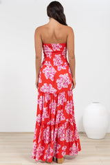 Rhea Maxi Dress - Strapless Ruffle Spliced Tiered Dress in Alba Print Red