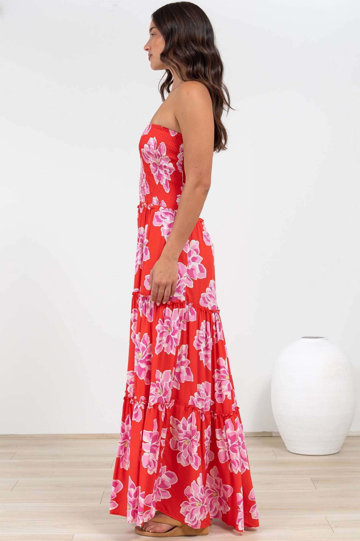 Rhea Maxi Dress - Strapless Ruffle Spliced Tiered Dress in Alba Print Red