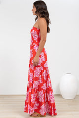 Rhea Maxi Dress - Strapless Ruffle Spliced Tiered Dress in Alba Print Red