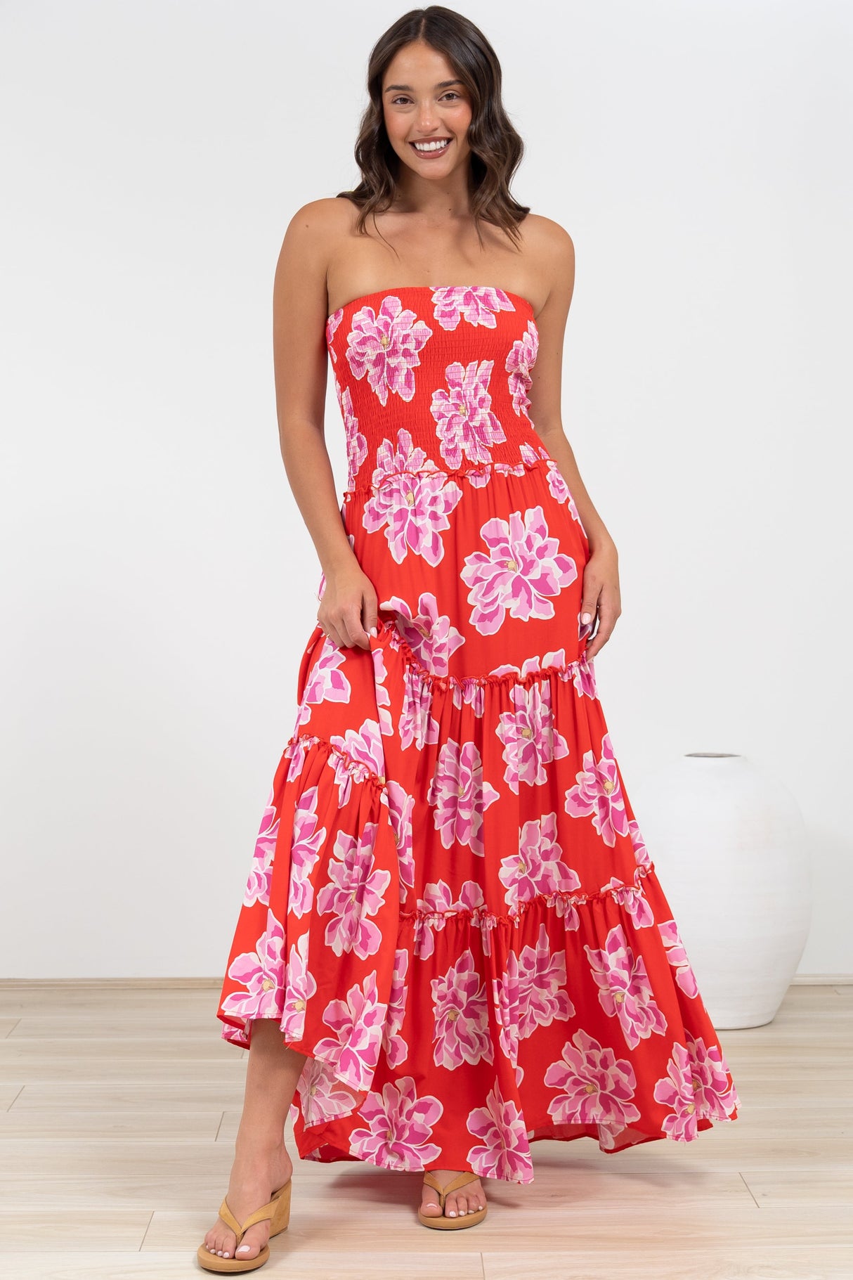 Rhea Maxi Dress - Strapless Ruffle Spliced Tiered Dress in Alba Print Red