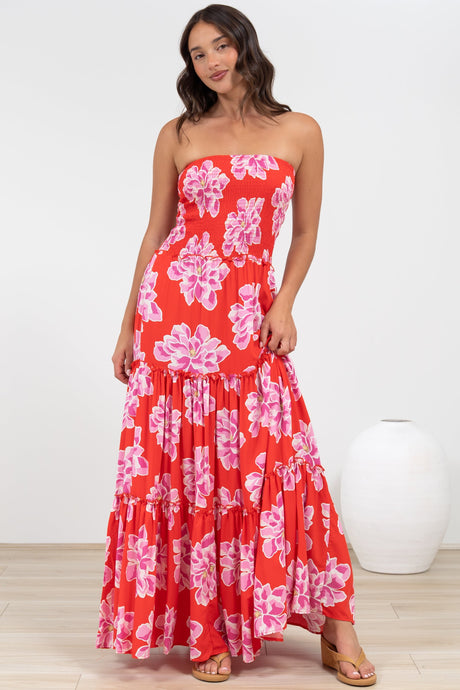Rhea Maxi Dress - Strapless Ruffle Spliced Tiered Dress in Alba Print Red