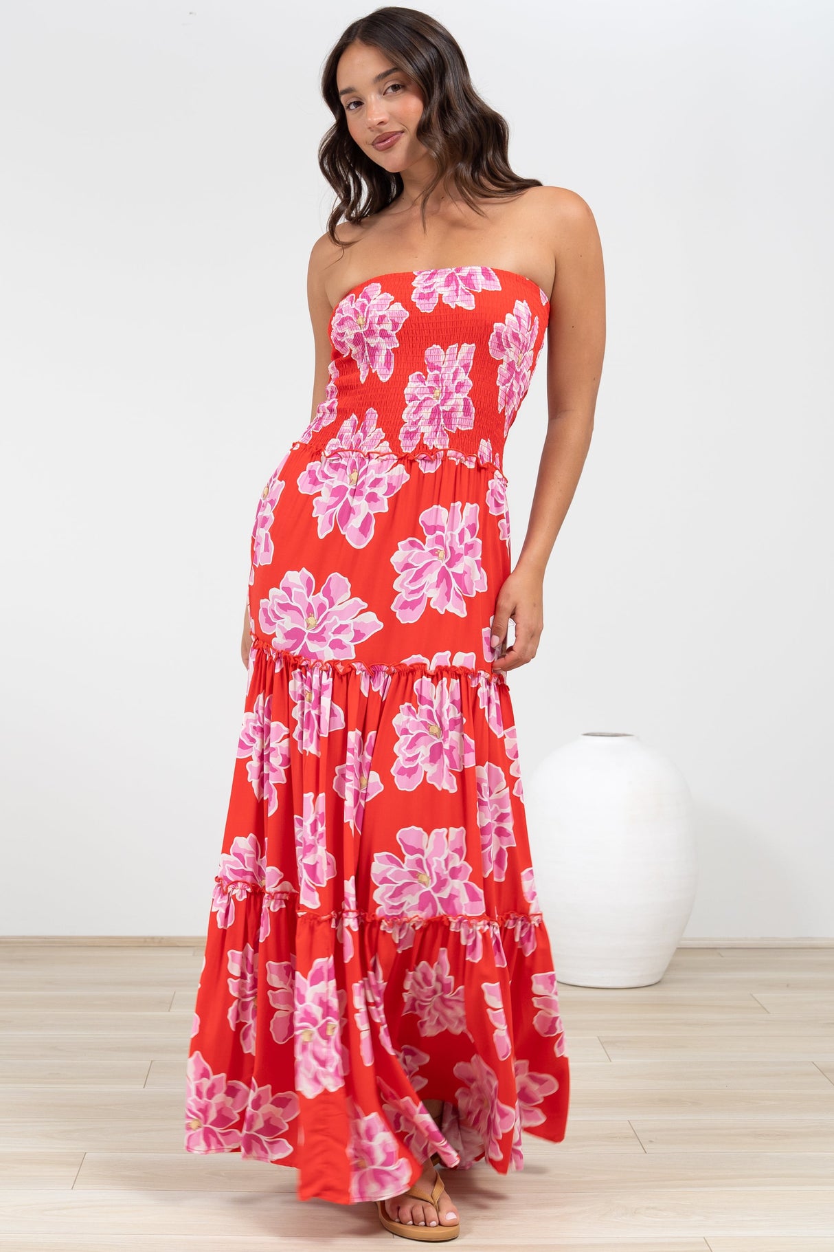 Rhea Maxi Dress - Strapless Ruffle Spliced Tiered Dress in Alba Print Red