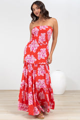 Rhea Maxi Dress - Strapless Ruffle Spliced Tiered Dress in Alba Print Red