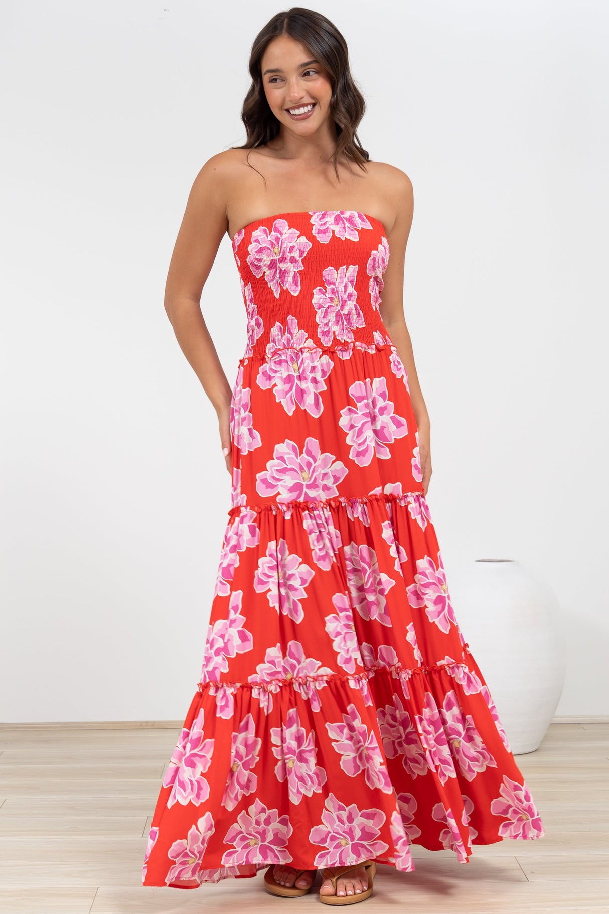 Rhea Maxi Dress - Strapless Ruffle Spliced Tiered Dress in Alba Print Red