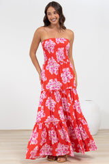 Rhea Maxi Dress - Strapless Ruffle Spliced Tiered Dress in Alba Print Red
