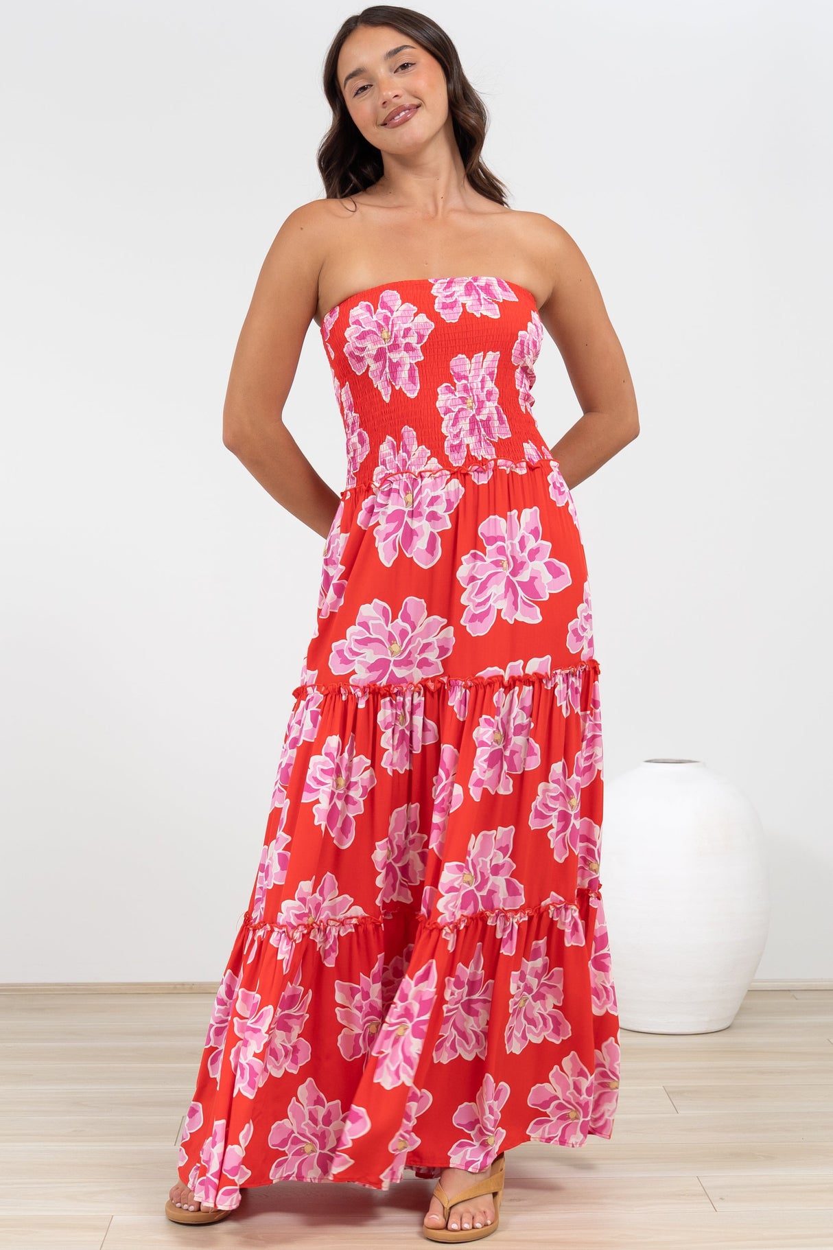 Rhea Maxi Dress - Strapless Ruffle Spliced Tiered Dress in Alba Print Red