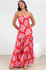 Rhea Maxi Dress - Strapless Ruffle Spliced Tiered Dress in Alba Print Red