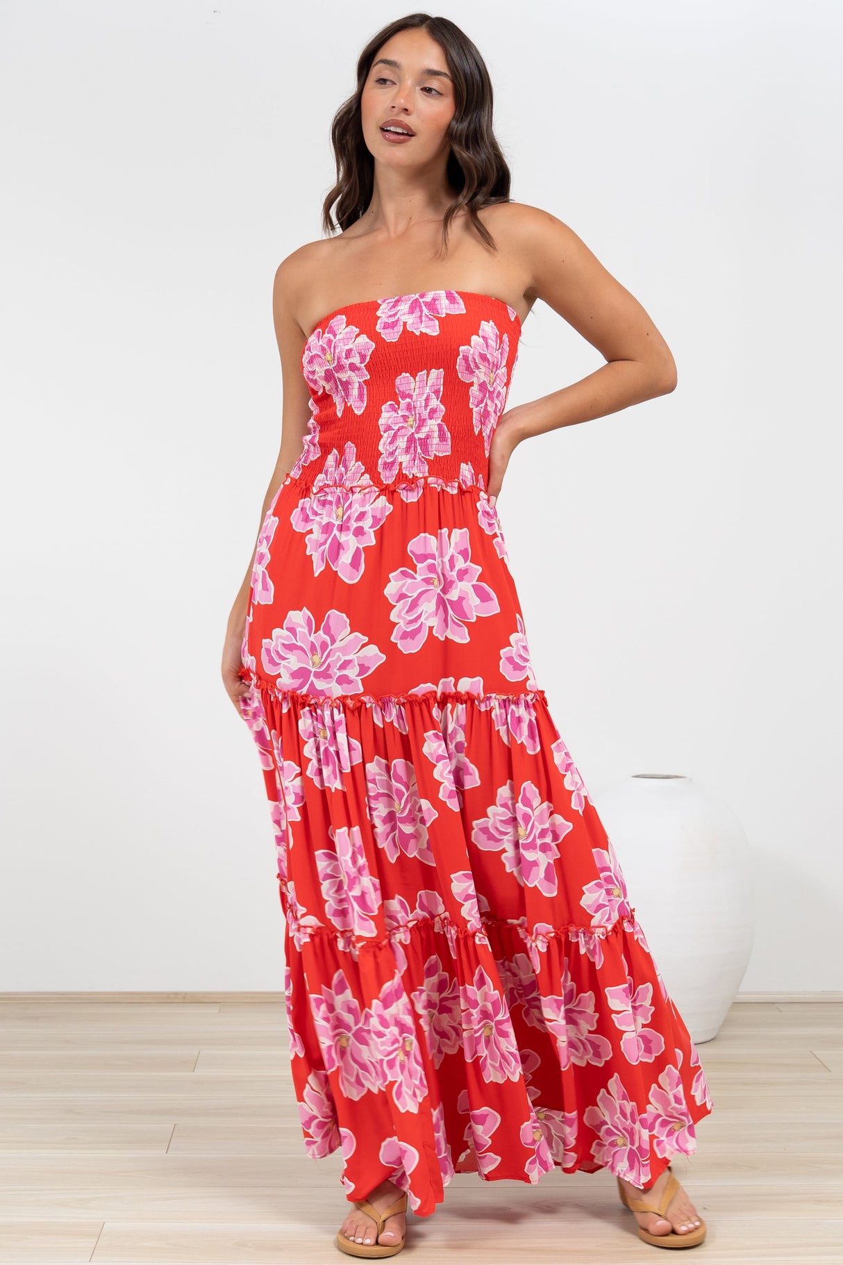Rhea Maxi Dress - Strapless Ruffle Spliced Tiered Dress in Alba Print Red