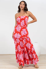 Rhea Maxi Dress - Strapless Ruffle Spliced Tiered Dress in Alba Print Red