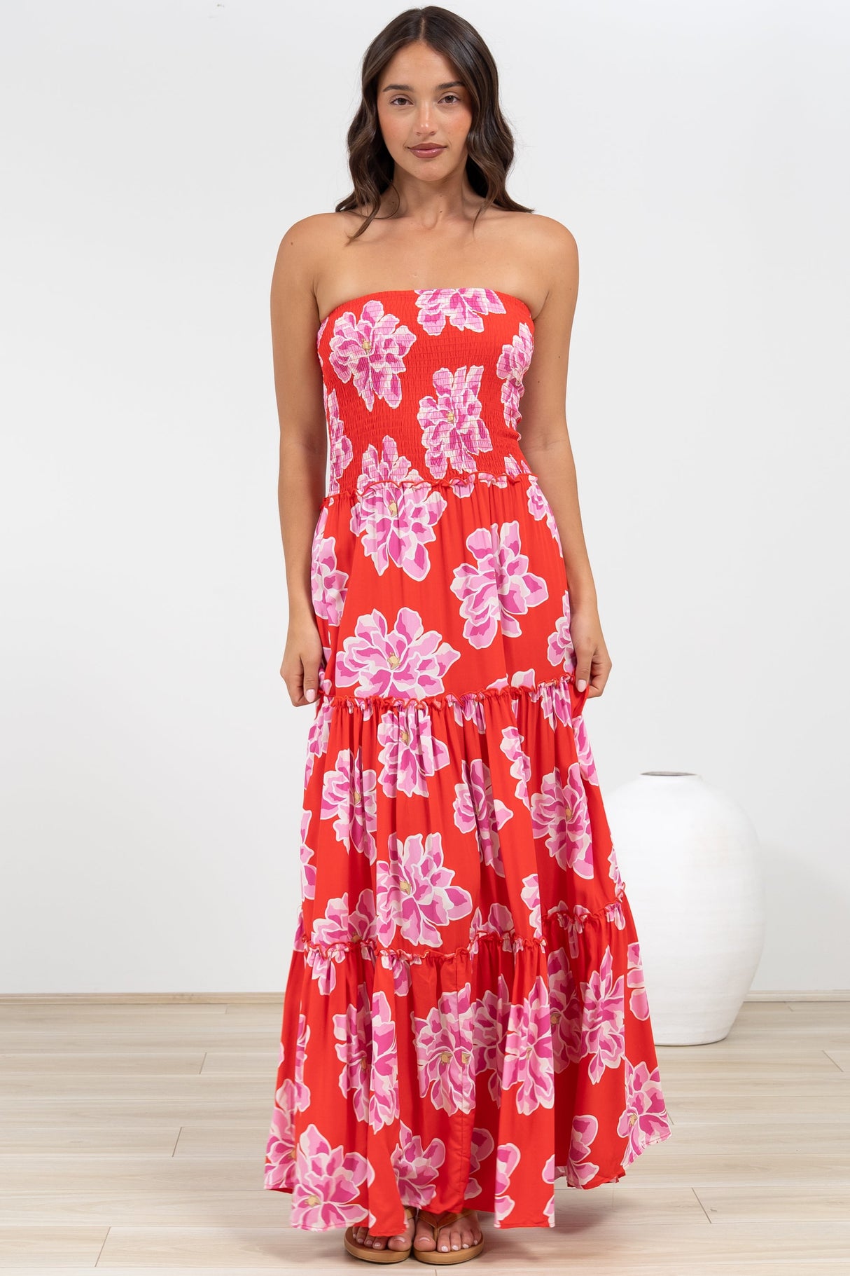 Rhea Maxi Dress - Strapless Ruffle Spliced Tiered Dress in Alba Print Red