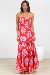 Rhea Maxi Dress - Strapless Ruffle Spliced Tiered Dress in Alba Print Red