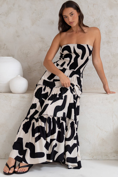 Rhea Maxi Dress - Strapless Ruffle Spliced Tiered Dress in Halsey Print