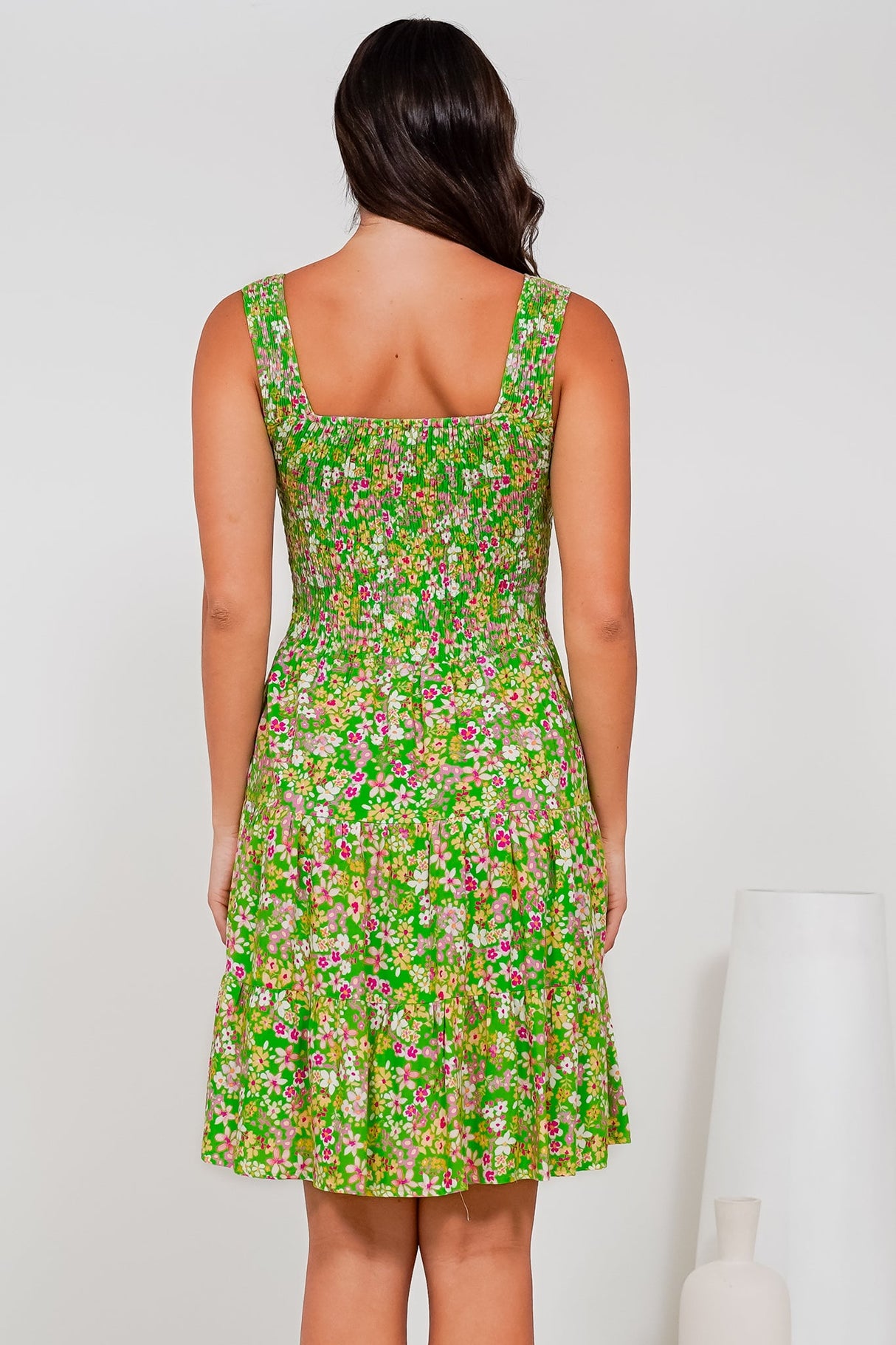 Rhiannon Mini Dress - Square Neckline Sun Dress with Shirred Bodice in Posie Print