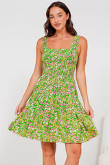 Rhiannon Mini Dress - Square Neckline Sun Dress with Shirred Bodice in Posie Print