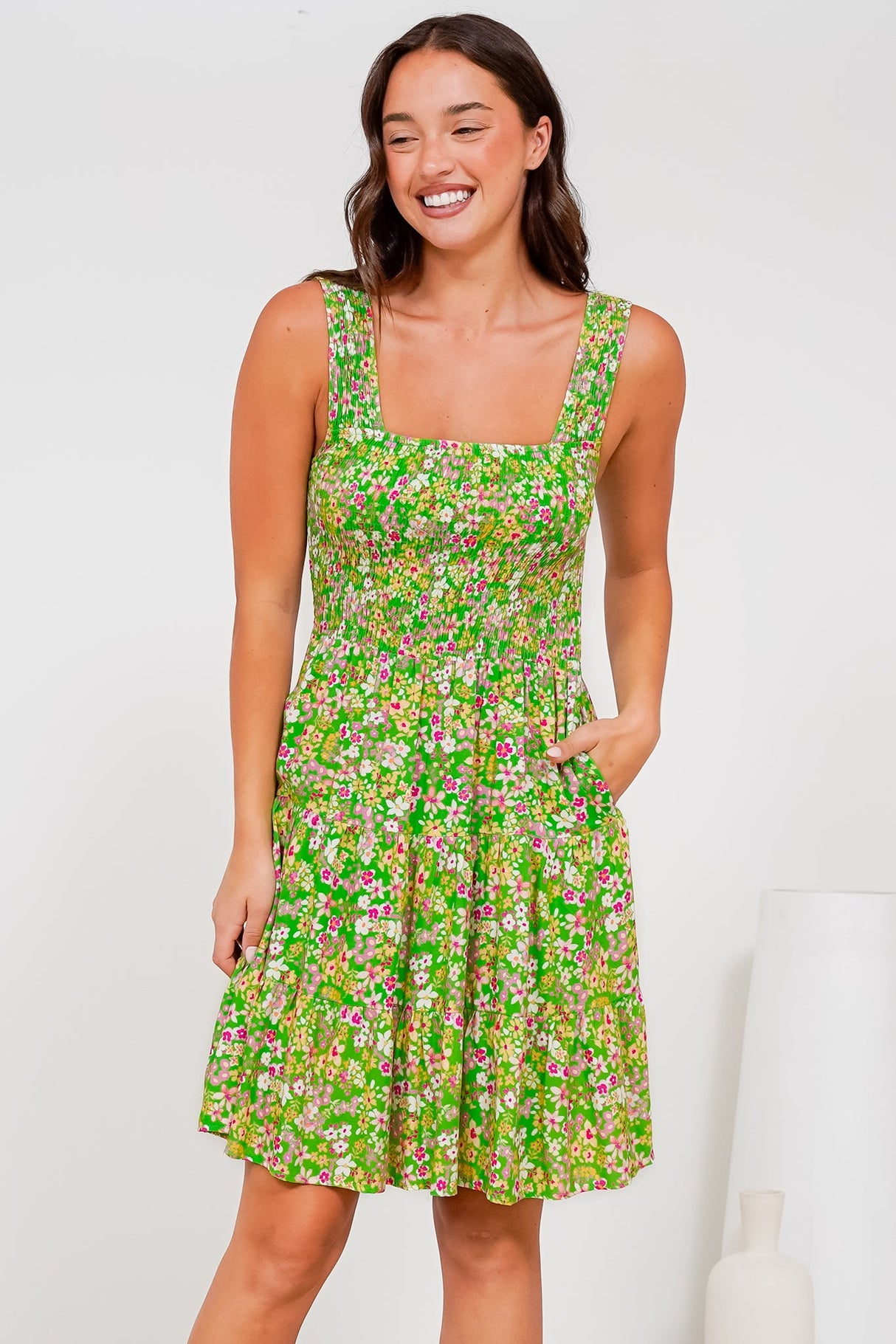 Rhiannon Mini Dress - Square Neckline Sun Dress with Shirred Bodice in Posie Print