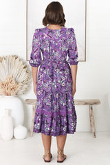 JAASE - Cardinal Midi Dress: V-Neck Shift Dress with Lace Splicing and Optional Waist Tie in Rhodium Print