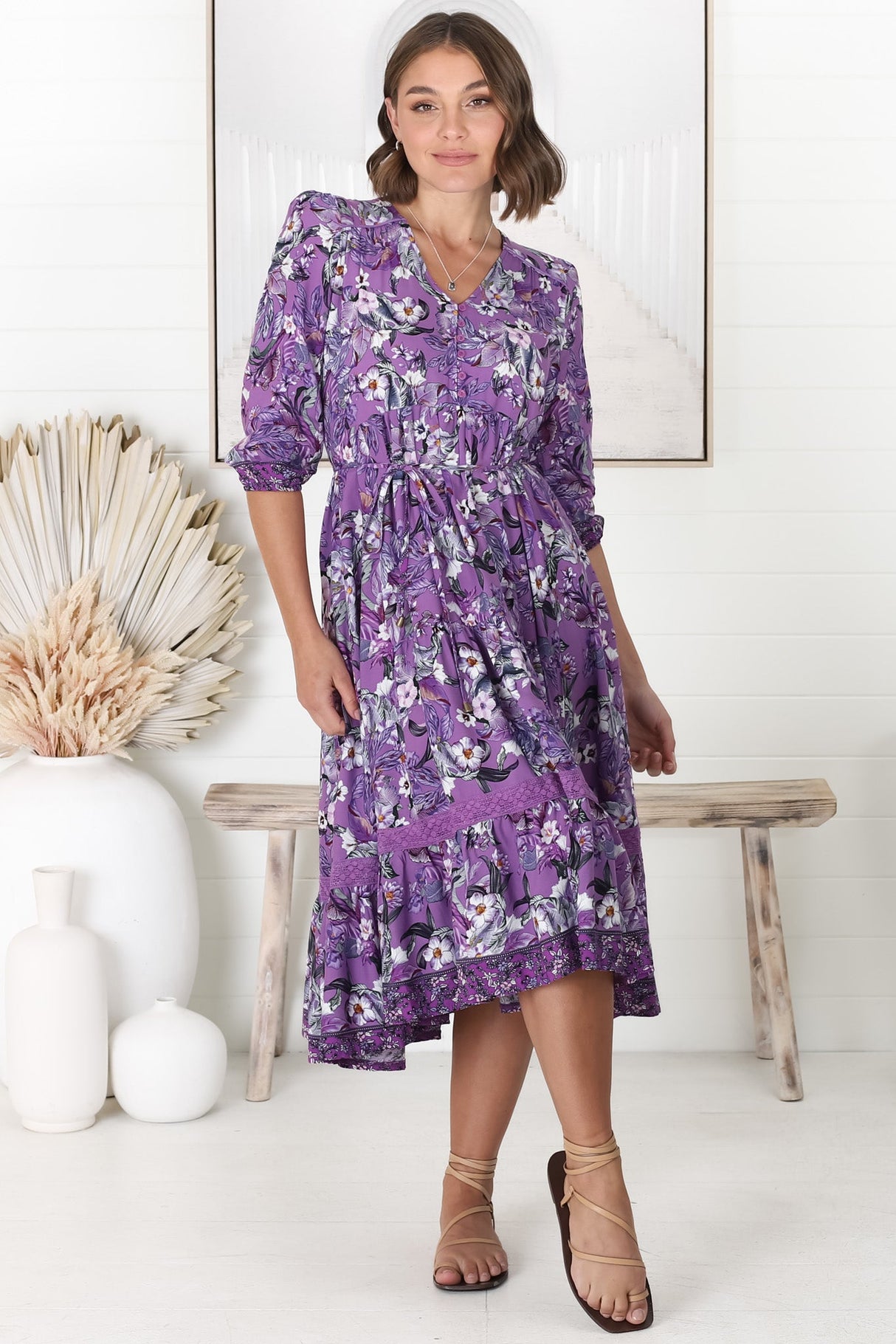 JAASE - Cardinal Midi Dress: V-Neck Shift Dress with Lace Splicing and Optional Waist Tie in Rhodium Print