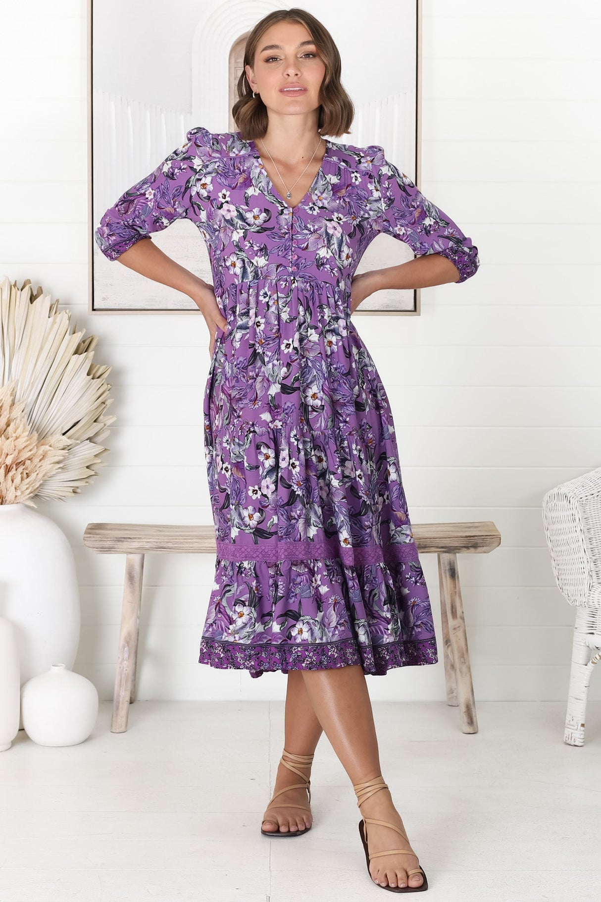 JAASE - Cardinal Midi Dress: V-Neck Shift Dress with Lace Splicing and Optional Waist Tie in Rhodium Print