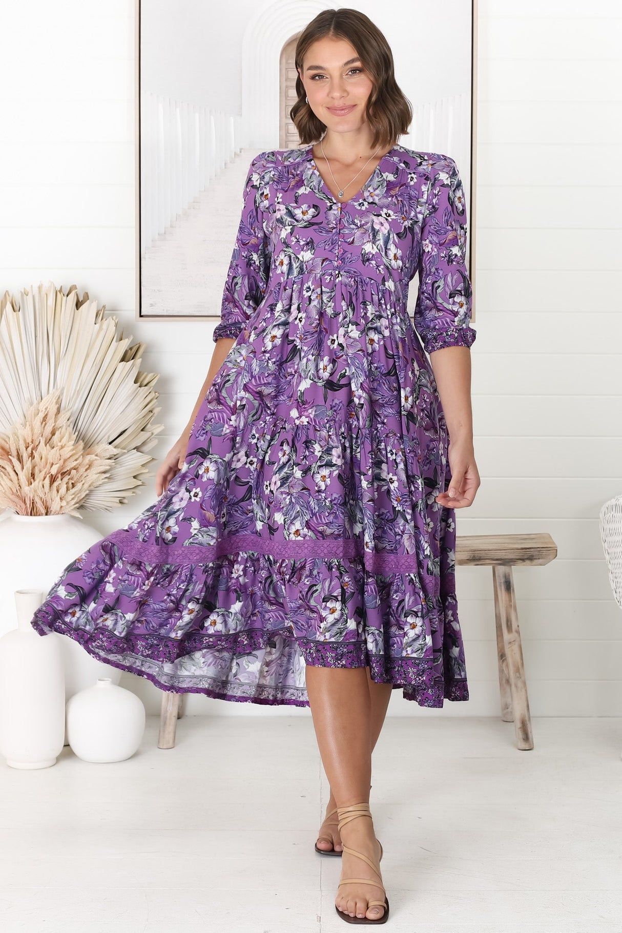 JAASE - Cardinal Midi Dress: V-Neck Shift Dress with Lace Splicing and Optional Waist Tie in Rhodium Print