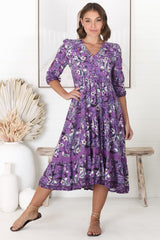 JAASE - Cardinal Midi Dress: V-Neck Shift Dress with Lace Splicing and Optional Waist Tie in Rhodium Print