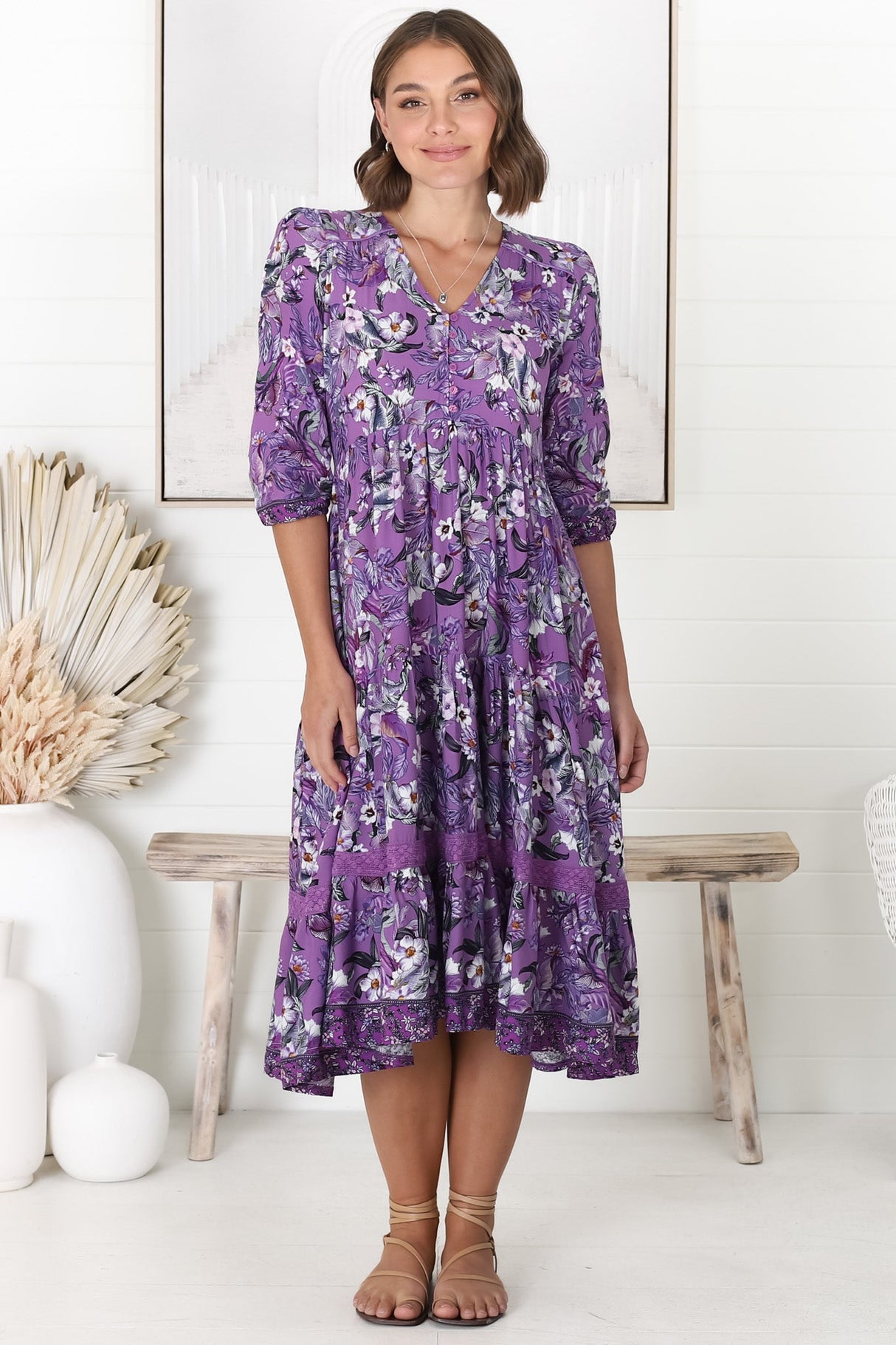 JAASE - Cardinal Midi Dress: V-Neck Shift Dress with Lace Splicing and Optional Waist Tie in Rhodium Print