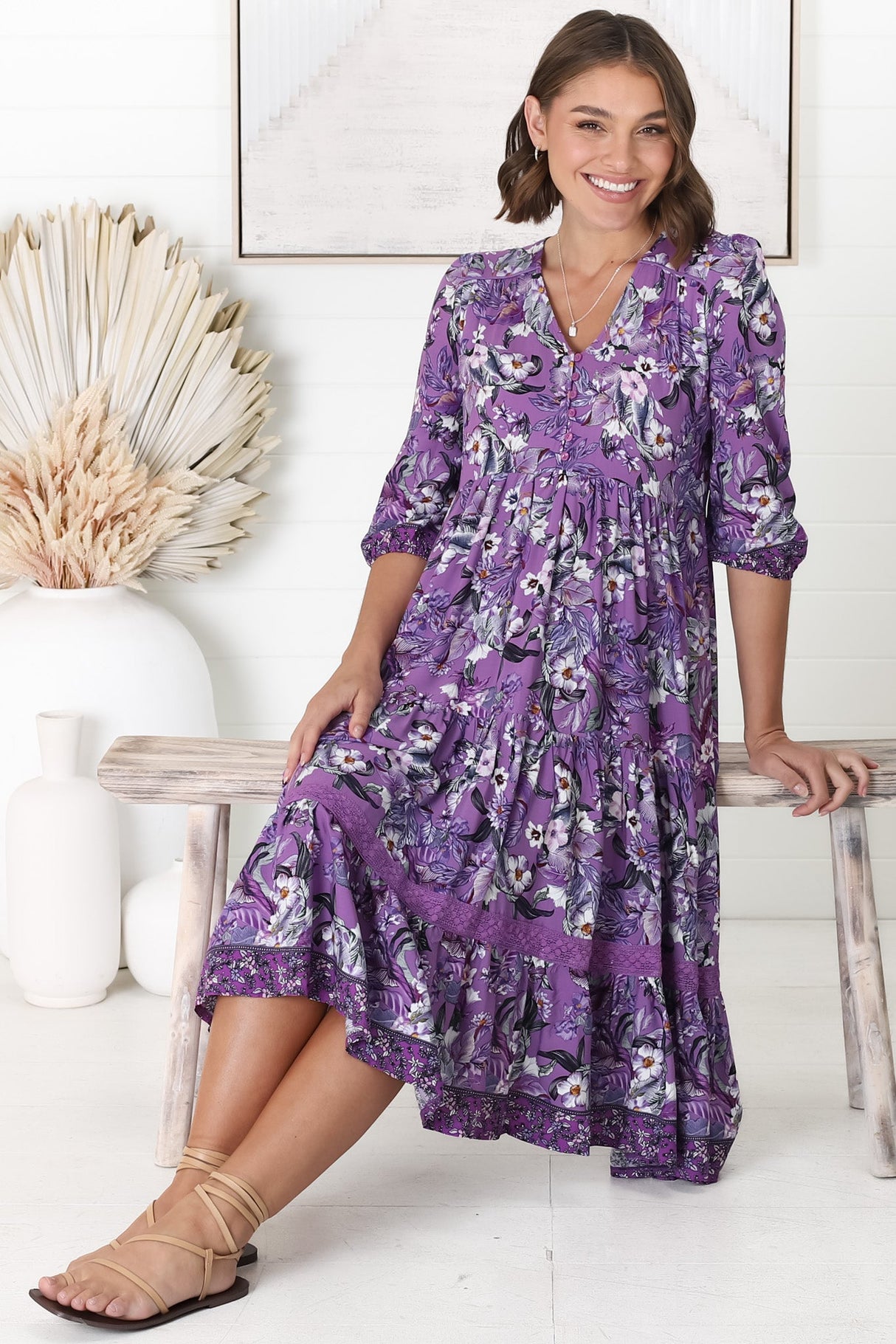JAASE - Cardinal Midi Dress: V-Neck Shift Dress with Lace Splicing and Optional Waist Tie in Rhodium Print