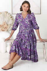 JAASE - Cardinal Midi Dress: V-Neck Shift Dress with Lace Splicing and Optional Waist Tie in Rhodium Print