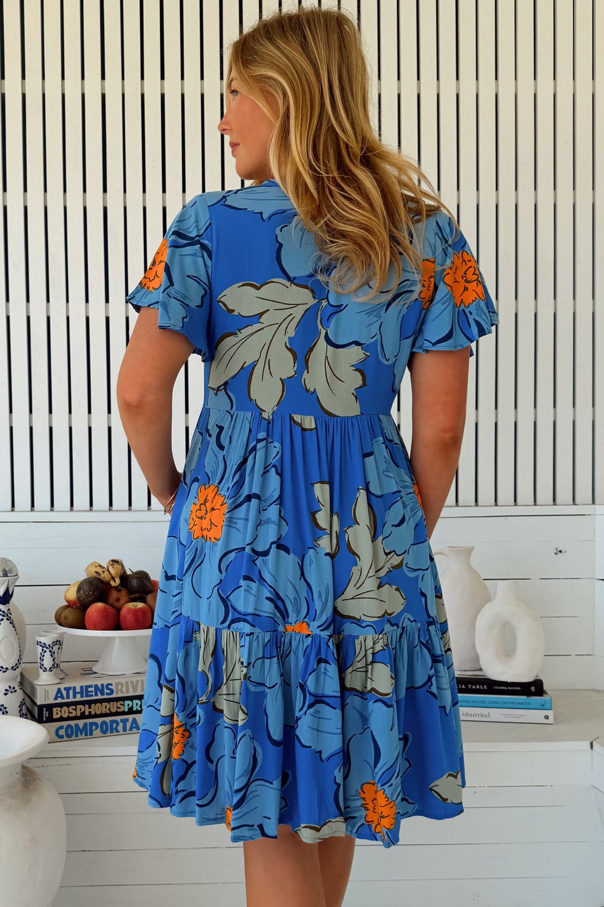 JAASE - Rhys Mini Dress: Flutter Sleeve Tiered Babydoll Dress in Blue Bell Print