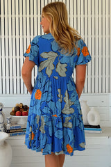 JAASE - Rhys Mini Dress: Flutter Sleeve Tiered Babydoll Dress in Blue Bell Print