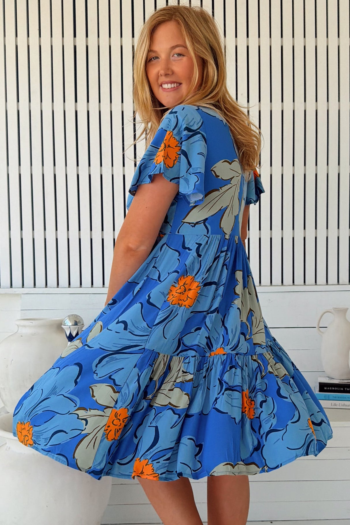 JAASE - Rhys Mini Dress: Flutter Sleeve Tiered Babydoll Dress in Blue Bell Print