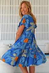 JAASE - Rhys Mini Dress: Flutter Sleeve Tiered Babydoll Dress in Blue Bell Print