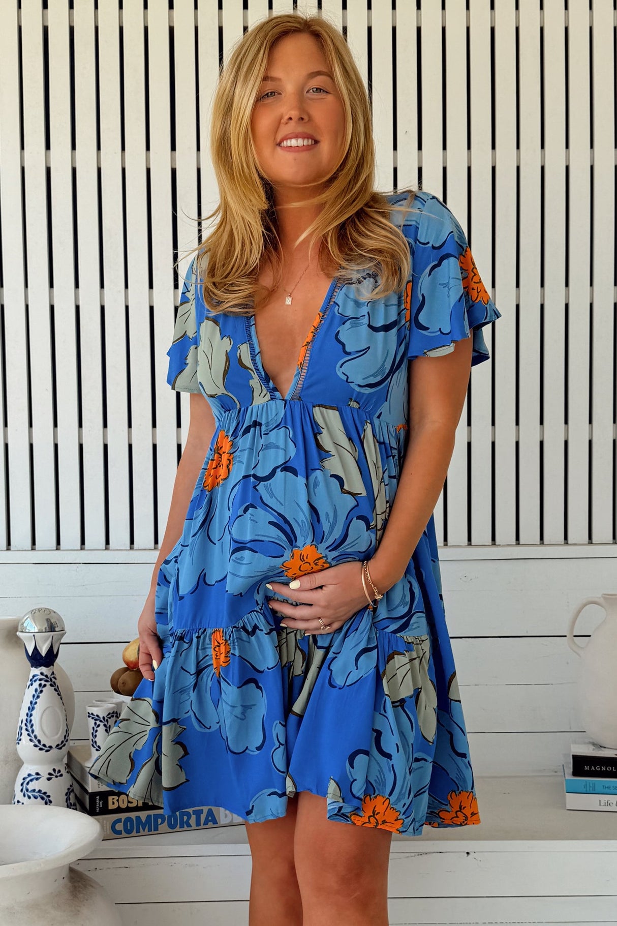 JAASE - Rhys Mini Dress: Flutter Sleeve Tiered Babydoll Dress in Blue Bell Print