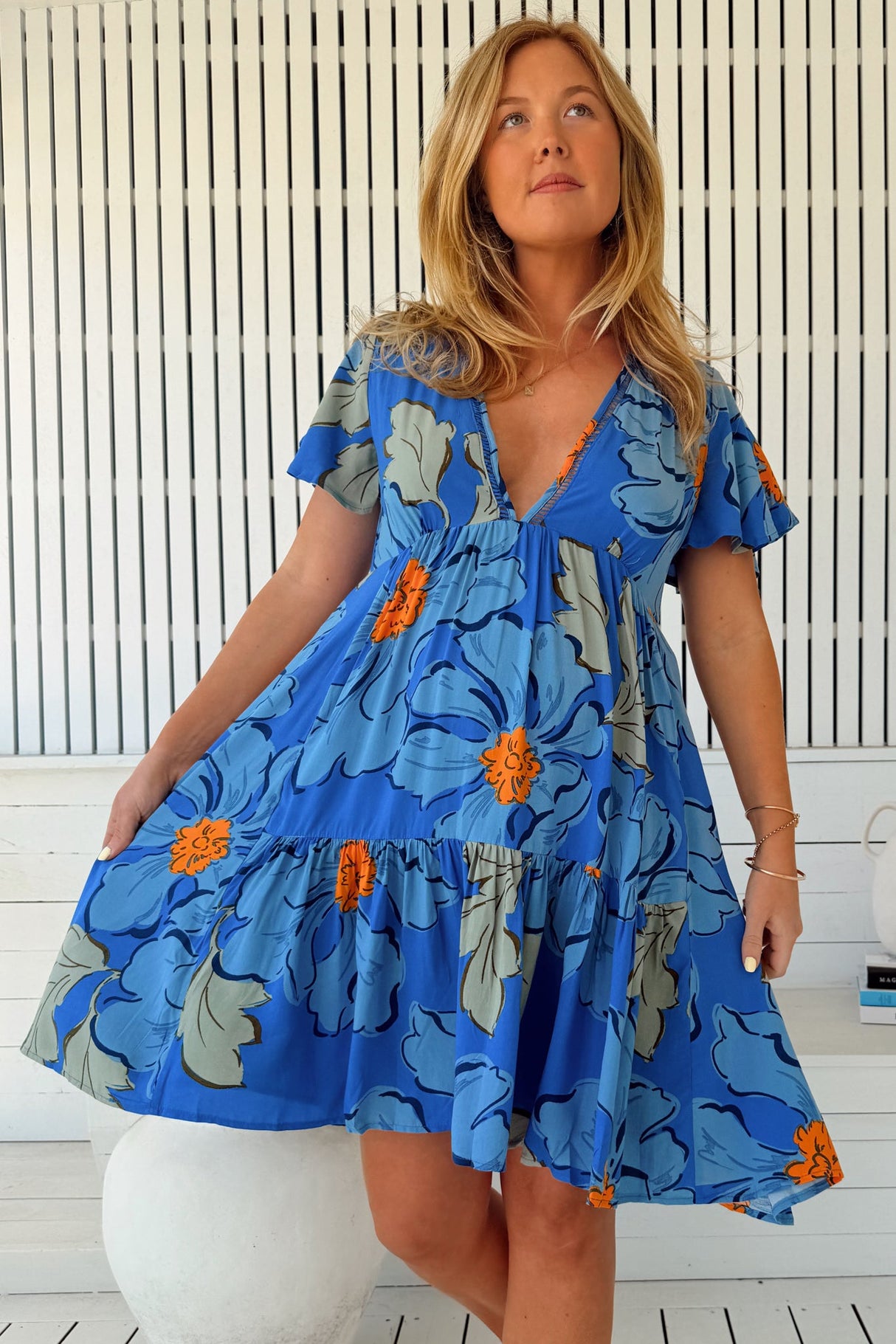 JAASE - Rhys Mini Dress: Flutter Sleeve Tiered Babydoll Dress in Blue Bell Print